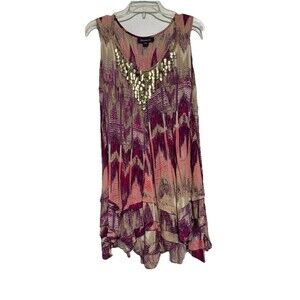 Roaman's Women's Plus Size Flowy Embellished Sleeveless Tunic Top Pink Gold 18W